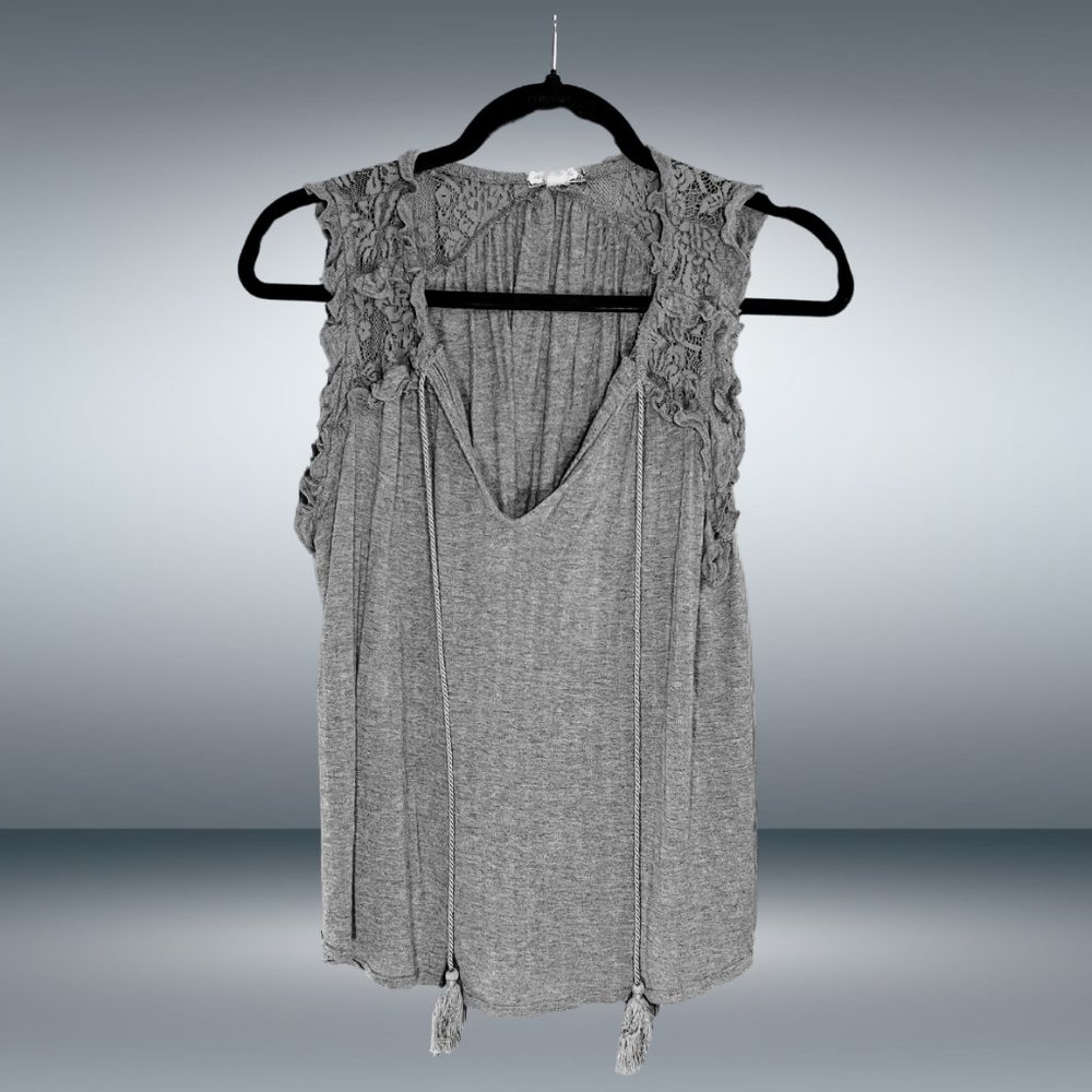 Eyeshadow Heather Grey Frill Ruffle Trim Tank with Tie V-Neck Collar